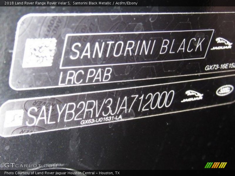 2018 Range Rover Velar S Santorini Black Metallic Color Code PAB