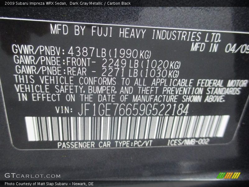 Dark Gray Metallic / Carbon Black 2009 Subaru Impreza WRX Sedan