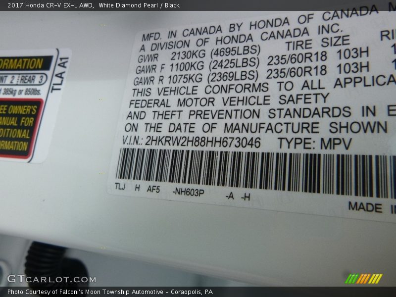 White Diamond Pearl / Black 2017 Honda CR-V EX-L AWD