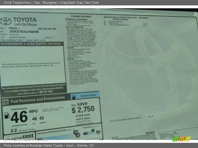 Moonglow / Gray/Dark Gray Two-Tone 2018 Toyota Prius c Two