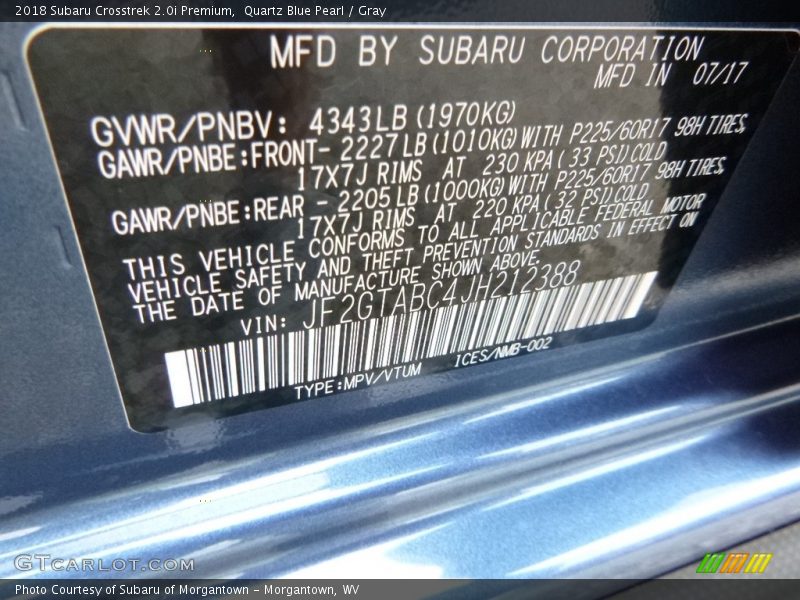 Quartz Blue Pearl / Gray 2018 Subaru Crosstrek 2.0i Premium