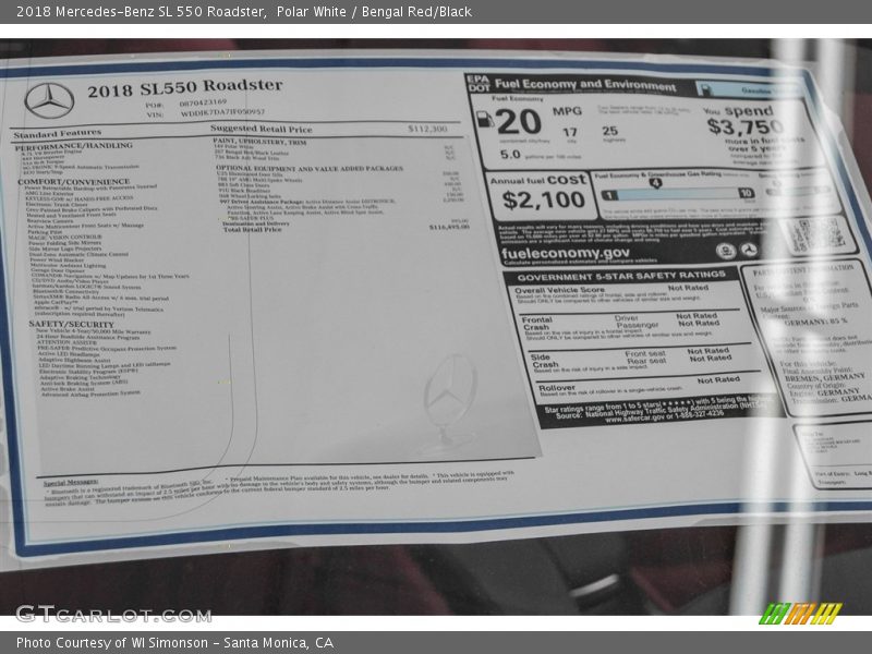  2018 SL 550 Roadster Window Sticker