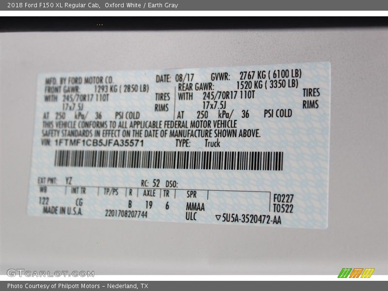 2018 F150 XL Regular Cab Oxford White Color Code YZ