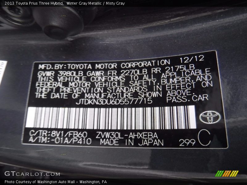 Winter Gray Metallic / Misty Gray 2013 Toyota Prius Three Hybrid