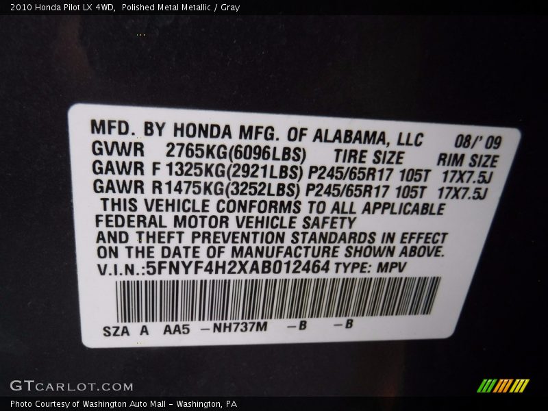 Polished Metal Metallic / Gray 2010 Honda Pilot LX 4WD