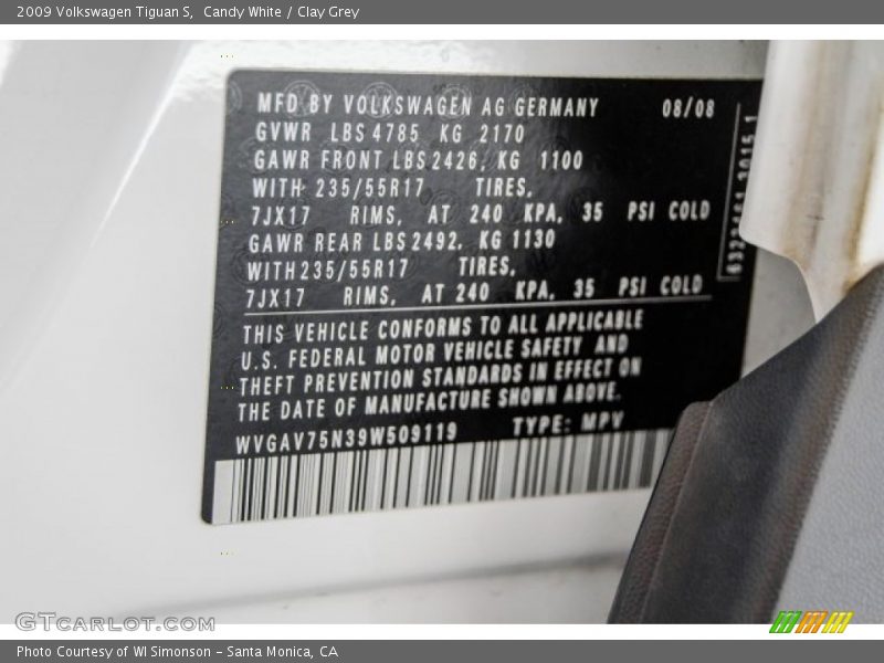 Candy White / Clay Grey 2009 Volkswagen Tiguan S