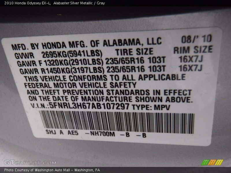Alabaster Silver Metallic / Gray 2010 Honda Odyssey EX-L