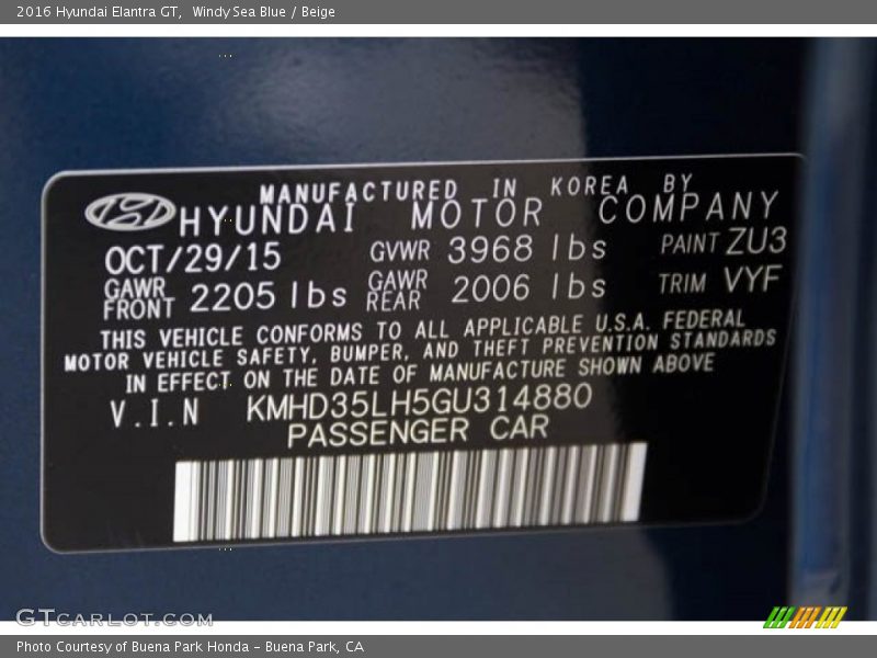 Windy Sea Blue / Beige 2016 Hyundai Elantra GT