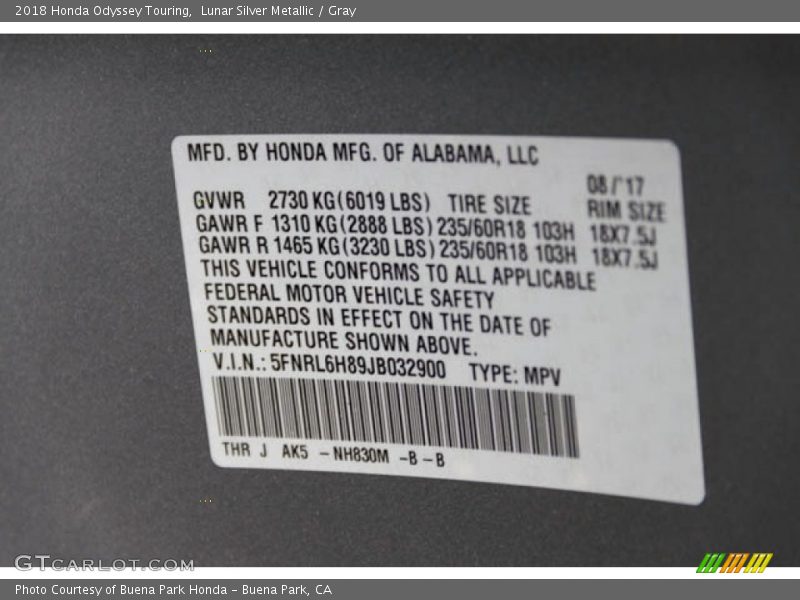 Lunar Silver Metallic / Gray 2018 Honda Odyssey Touring