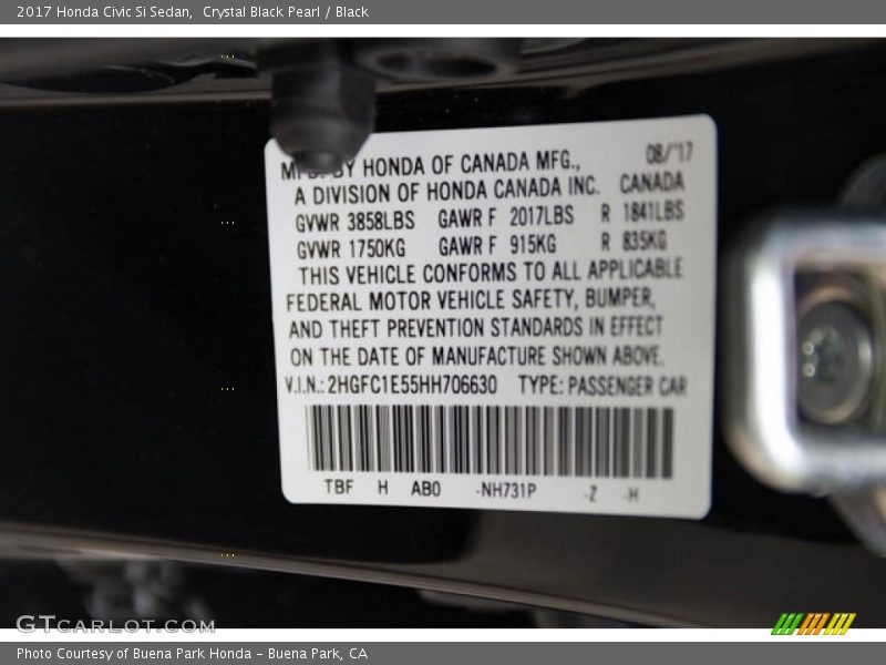 Crystal Black Pearl / Black 2017 Honda Civic Si Sedan
