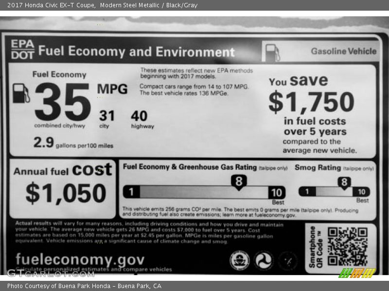 Modern Steel Metallic / Black/Gray 2017 Honda Civic EX-T Coupe