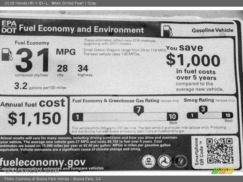  2018 HR-V EX-L Window Sticker