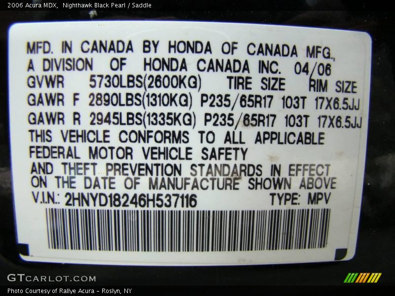 Nighthawk Black Pearl / Saddle 2006 Acura MDX