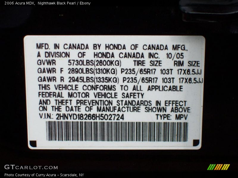 Nighthawk Black Pearl / Ebony 2006 Acura MDX