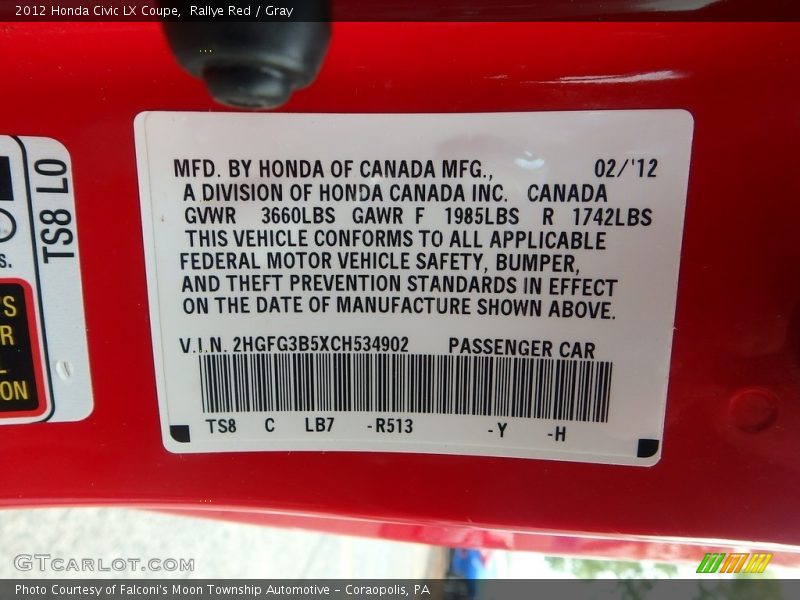 Rallye Red / Gray 2012 Honda Civic LX Coupe