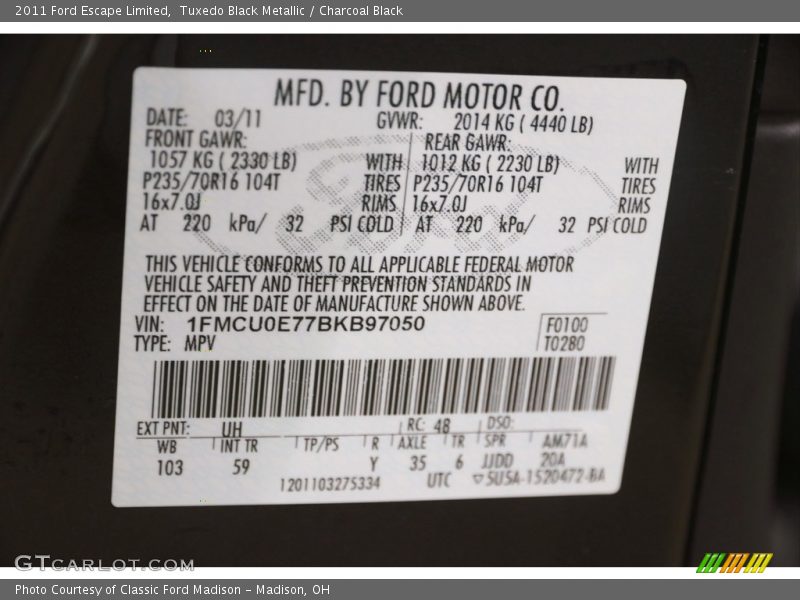 Tuxedo Black Metallic / Charcoal Black 2011 Ford Escape Limited