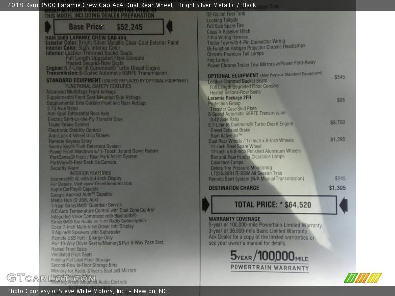 Bright Silver Metallic / Black 2018 Ram 3500 Laramie Crew Cab 4x4 Dual Rear Wheel