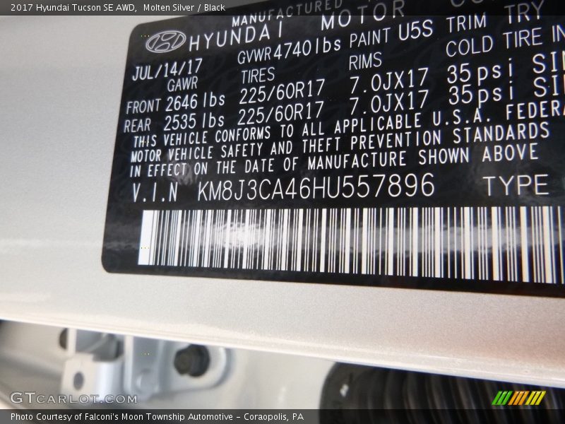 Molten Silver / Black 2017 Hyundai Tucson SE AWD