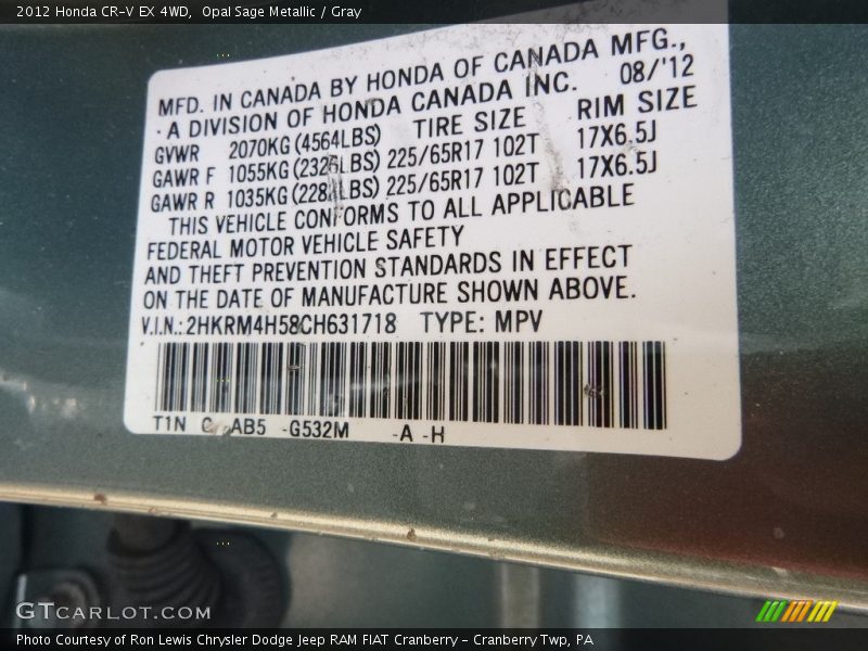 Opal Sage Metallic / Gray 2012 Honda CR-V EX 4WD