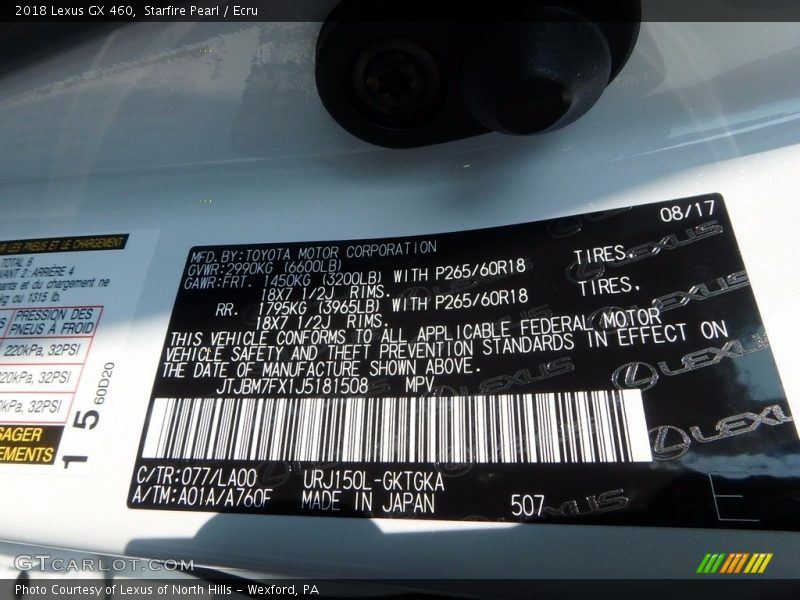 2018 GX 460 Starfire Pearl Color Code 077