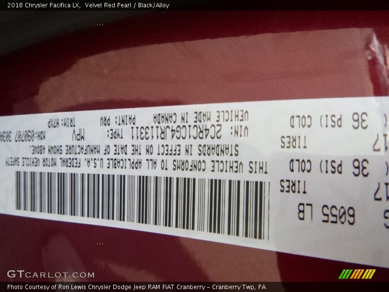 Velvet Red Pearl / Black/Alloy 2018 Chrysler Pacifica LX