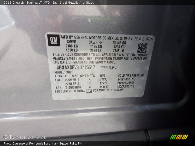 Satin Steel Metallic / Jet Black 2018 Chevrolet Equinox LT AWD