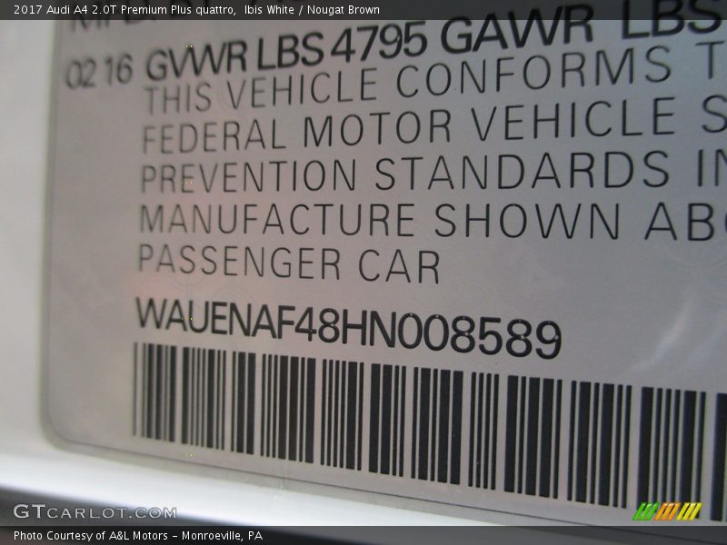 Ibis White / Nougat Brown 2017 Audi A4 2.0T Premium Plus quattro