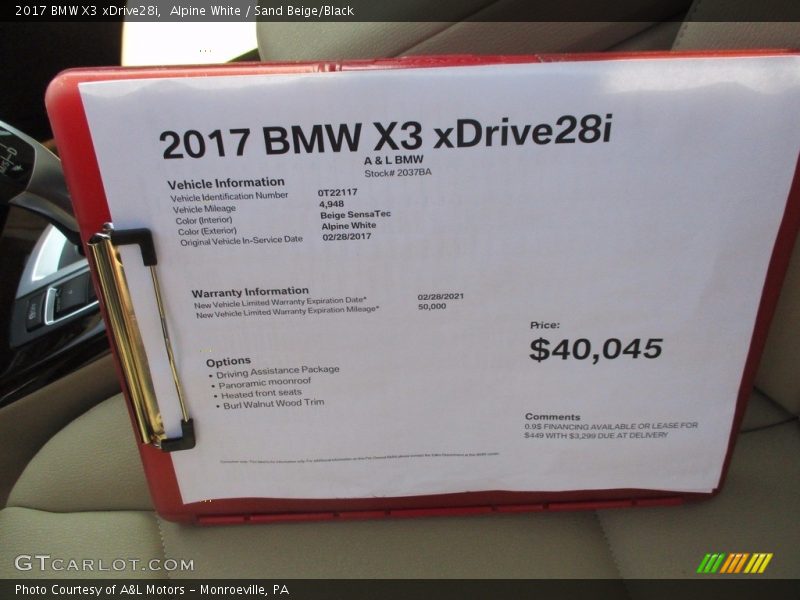 Alpine White / Sand Beige/Black 2017 BMW X3 xDrive28i
