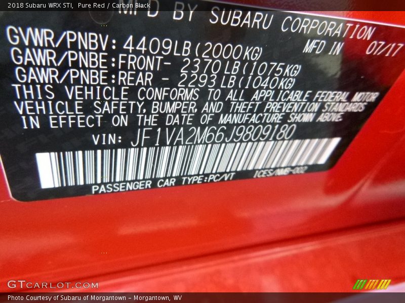 Pure Red / Carbon Black 2018 Subaru WRX STI