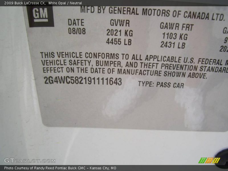 White Opal / Neutral 2009 Buick LaCrosse CX