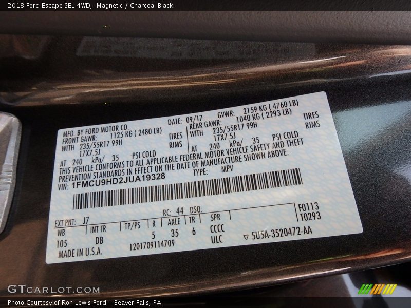 2018 Escape SEL 4WD Magnetic Color Code J7
