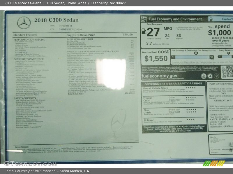 Polar White / Cranberry Red/Black 2018 Mercedes-Benz C 300 Sedan