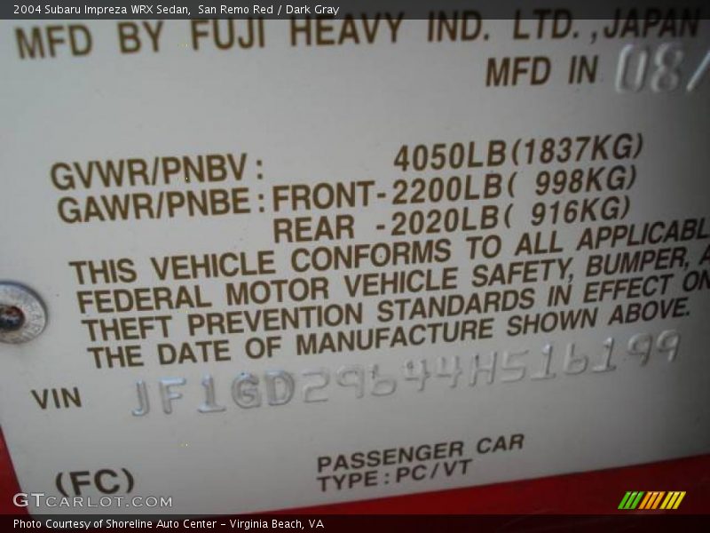 San Remo Red / Dark Gray 2004 Subaru Impreza WRX Sedan