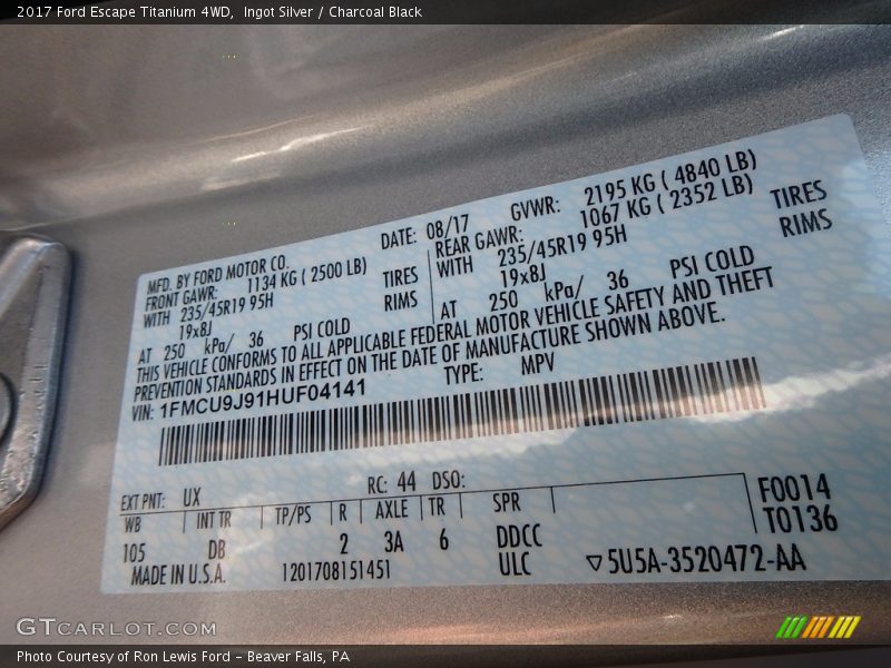 Ingot Silver / Charcoal Black 2017 Ford Escape Titanium 4WD