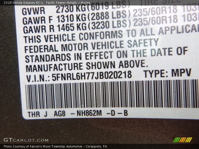 2018 Odyssey EX-L Pacific Pewter Metallic Color Code NH862M