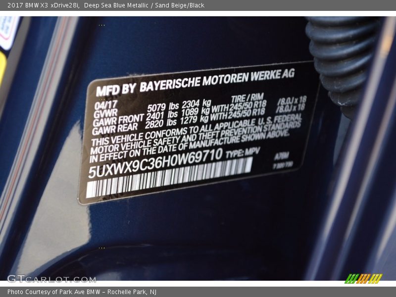 Deep Sea Blue Metallic / Sand Beige/Black 2017 BMW X3 xDrive28i