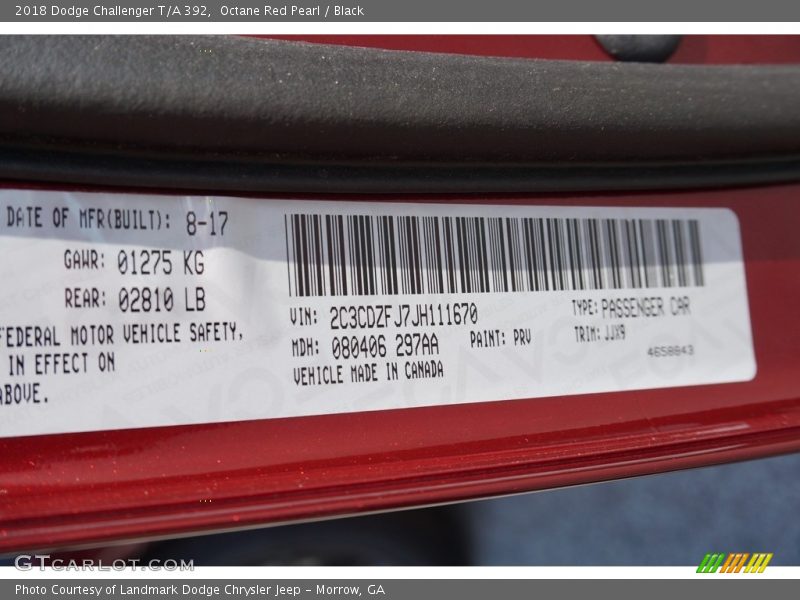 2018 Challenger T/A 392 Octane Red Pearl Color Code PRV