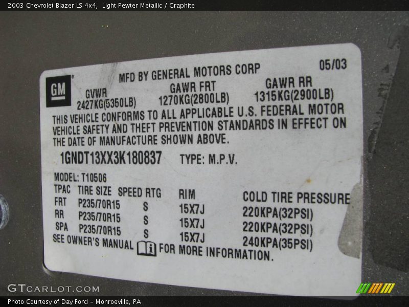 Light Pewter Metallic / Graphite 2003 Chevrolet Blazer LS 4x4