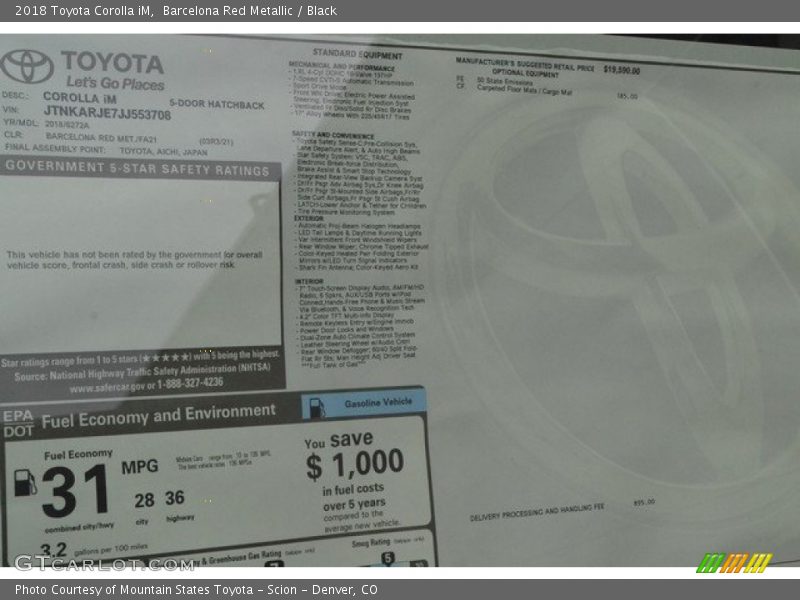  2018 Corolla iM  Window Sticker