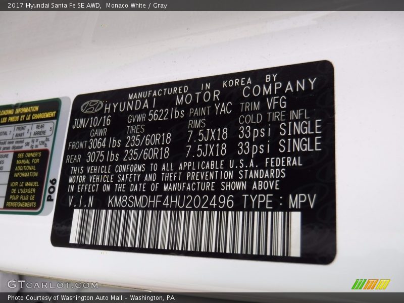 Monaco White / Gray 2017 Hyundai Santa Fe SE AWD