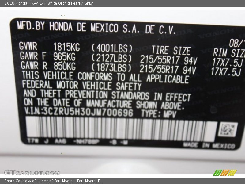 White Orchid Pearl / Gray 2018 Honda HR-V LX