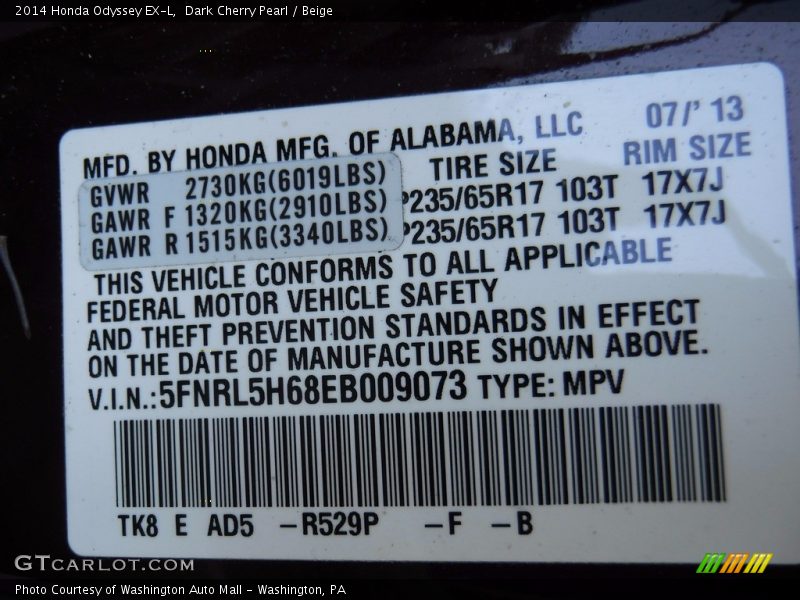 Dark Cherry Pearl / Beige 2014 Honda Odyssey EX-L