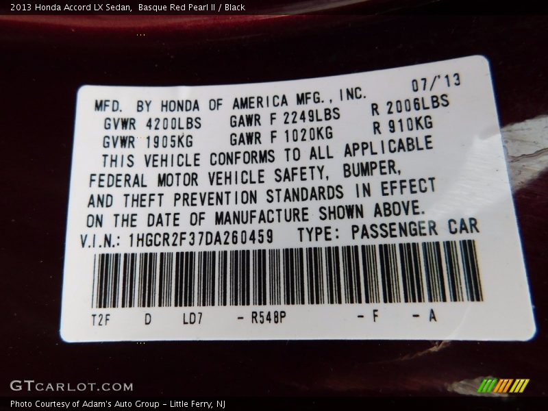 Basque Red Pearl II / Black 2013 Honda Accord LX Sedan