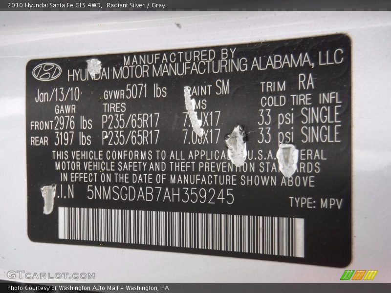 Radiant Silver / Gray 2010 Hyundai Santa Fe GLS 4WD