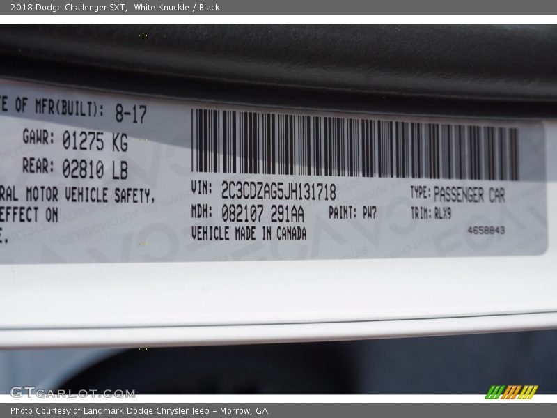 2018 Challenger SXT White Knuckle Color Code PW7