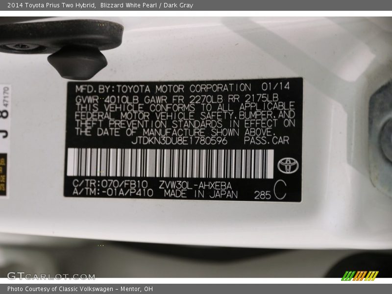 Blizzard White Pearl / Dark Gray 2014 Toyota Prius Two Hybrid