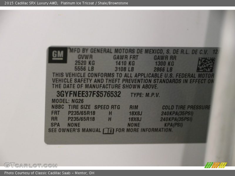 Platinum Ice Tricoat / Shale/Brownstone 2015 Cadillac SRX Luxury AWD