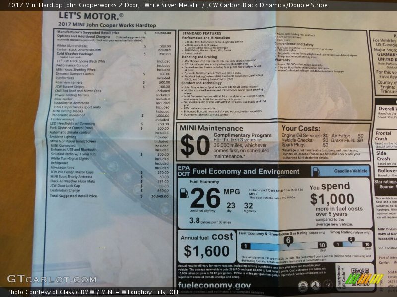 White Silver Metallic / JCW Carbon Black Dinamica/Double Stripe 2017 Mini Hardtop John Cooperworks 2 Door