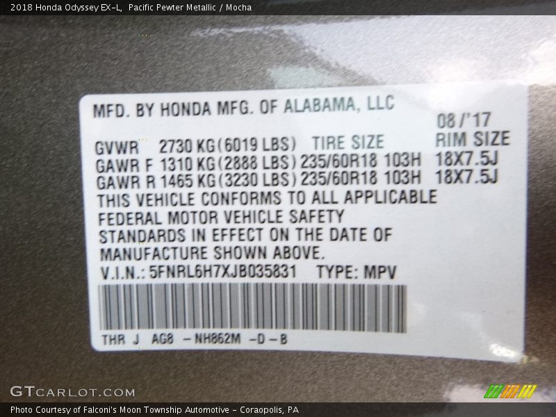 Pacific Pewter Metallic / Mocha 2018 Honda Odyssey EX-L