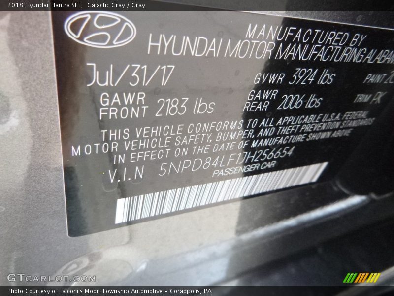 Galactic Gray / Gray 2018 Hyundai Elantra SEL